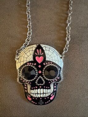 Sugar Skull Pendant Necklace in Black, White & Pink